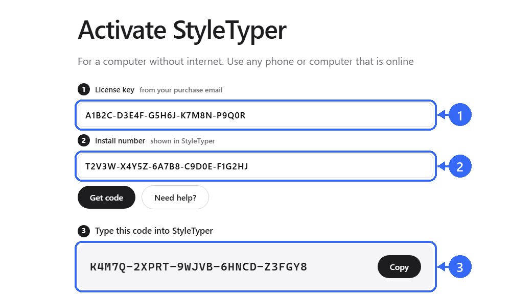 The activation page, numbered: 1 the license key box, 2 the install number box, 3 the code and its Copy button
